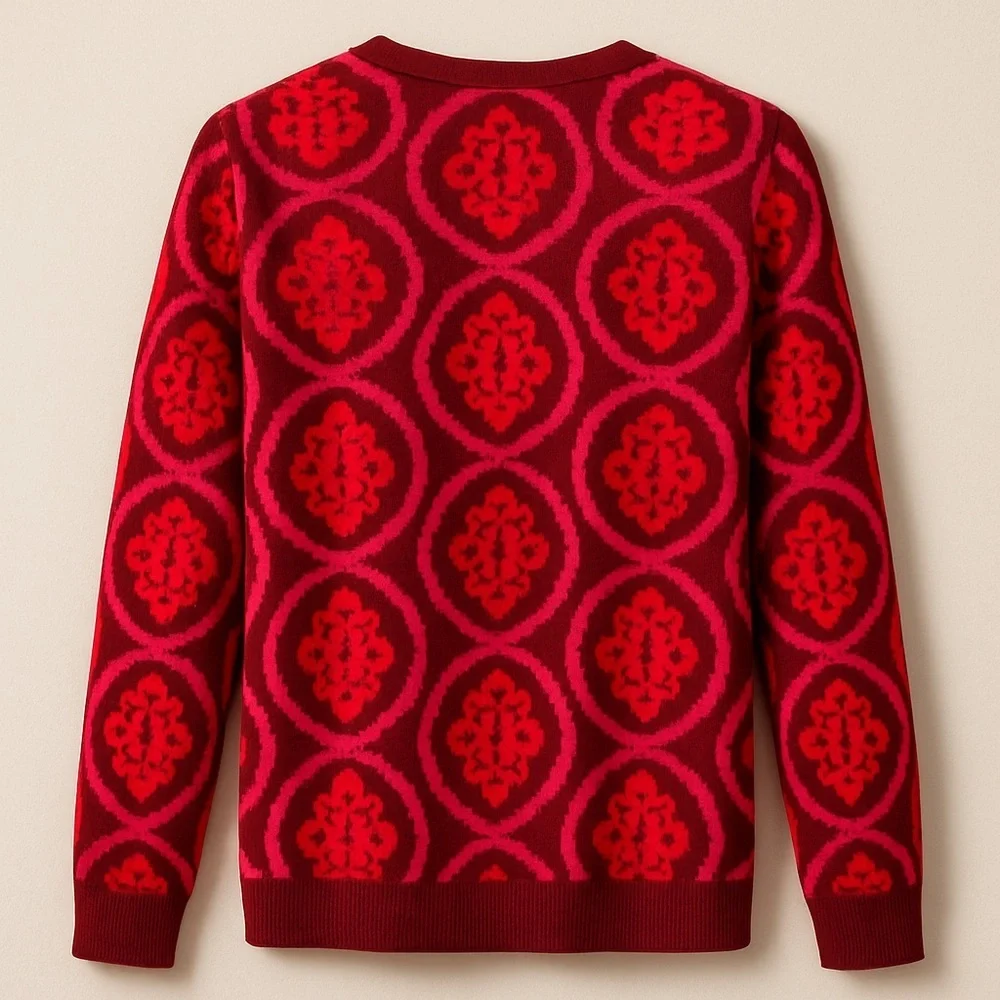 Red Medallion Jacquard Statement Holiday Knit Cardigan Sweater EUC L #653